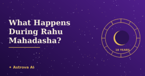 Gold eclipsed Moon inside a zodiac wheel on a purple starfield with the title What Happens During Rahu Mahadasha