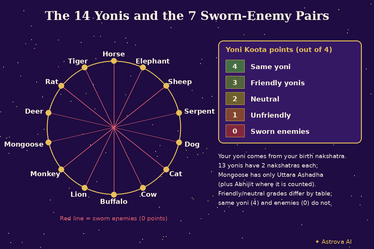 Diagram of the 14 animal yonis used in Yoni Koota, with red lines joining the 7 sworn-enemy pairs and a scale showing 4 points for the same yoni down to 0 for sworn enemies